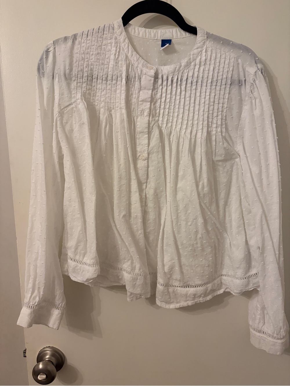 White Swiss Dot Pintuck Long-Sleeve Women's Top